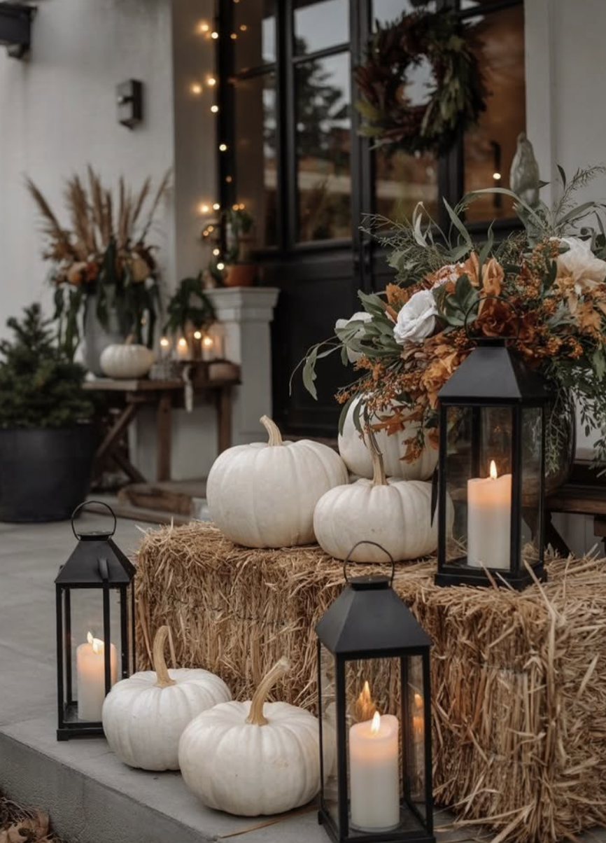 Chic fall front porch styled with white pumpkins, straw bales, black lanterns with candles, and a floral arrangement in earthy autumn tones.