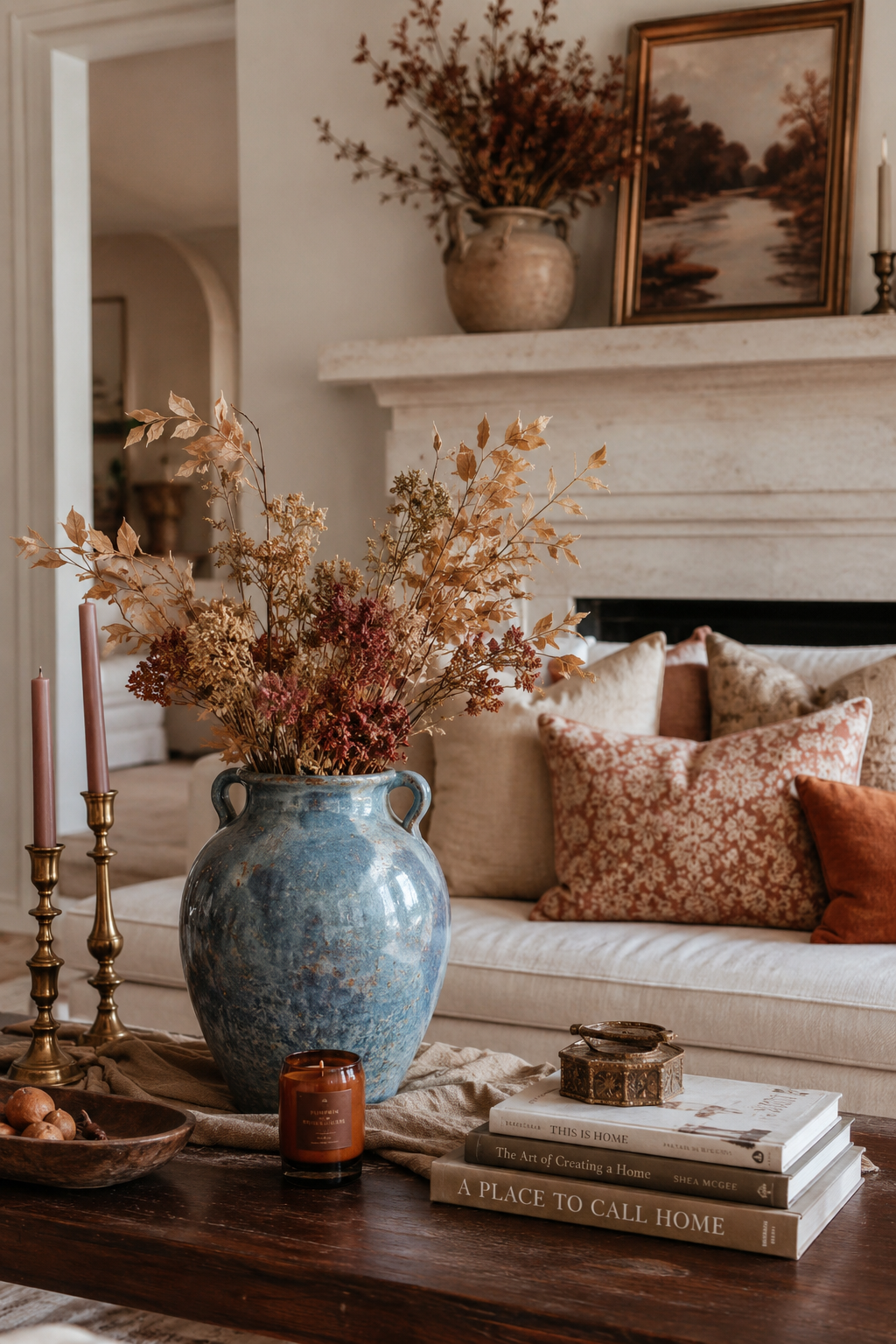 A cozy fall living room vignette featuring a patina blue ceramic vase filled with dried autumn branches and florals on a dark wood coffee table. Brass candlesticks, a rust-colored candle, stacked home decor books, and warm neutral pillows create a layered autumn decor look with vintage accents, earthy colors, and soft seasonal texture.