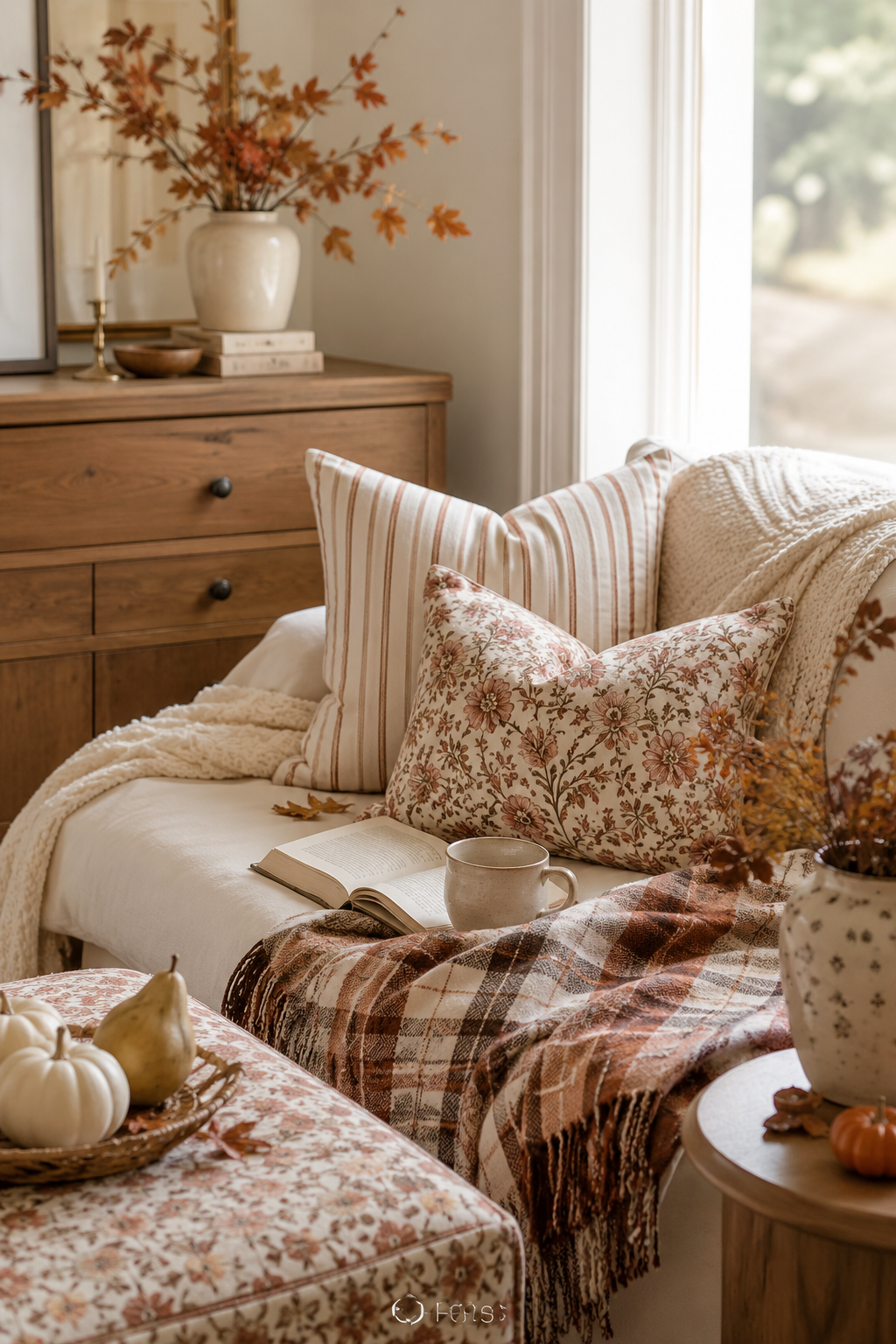 A cozy fall living room styled with playful pattern moments, featuring floral and striped throw pillows layered on a cream sofa with a warm plaid blanket. A floral upholstered ottoman, soft knit throw, ceramic vase with autumn branches, mini pumpkins, and a wood dresser in the background create a charming and layered fall decor look with warm tones, mixed patterns, and inviting seasonal texture.
