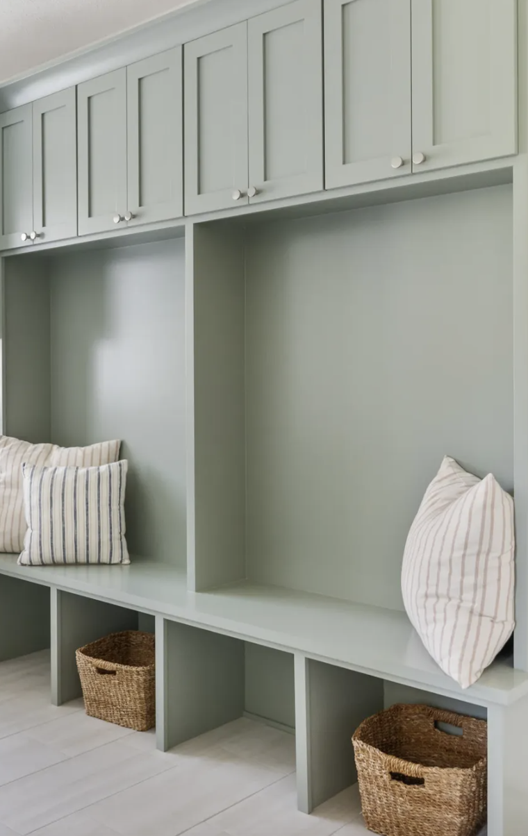 Sage green mudroom with built-in bench seating, upper shaker cabinets, striped pillows, and woven baskets.