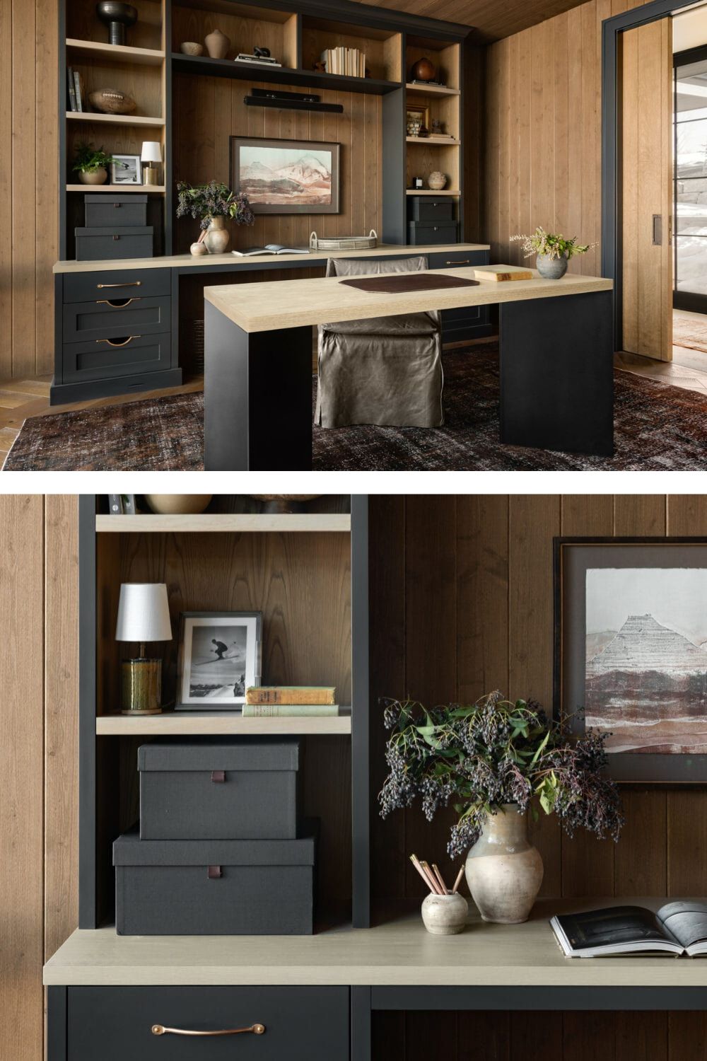 Studio McGee office featuring wood-paneled walls, black built-in shelving, and a light wood desk with modern black legs.