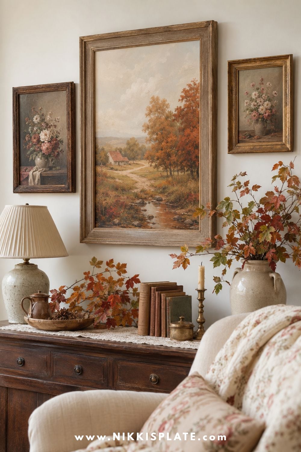 Vintage-style autumn landscape and floral artwork displayed above a dark wood console with books and brass accents.