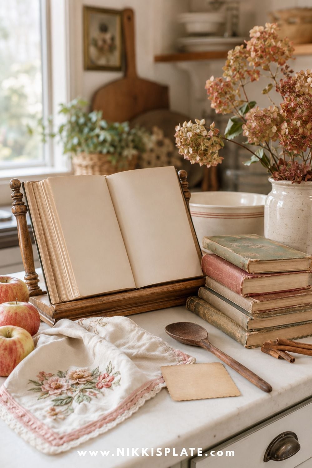 Well-loved vintage cookbooks styled with apples, a ceramic mixing bowl and embroidered linen in a fall grandmacore kitchen.