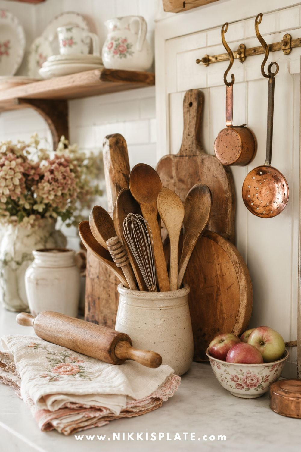 Antique wooden spoons, worn breadboards and copper utensils displayed with embroidered linens in a bright grandmacore kitchen.