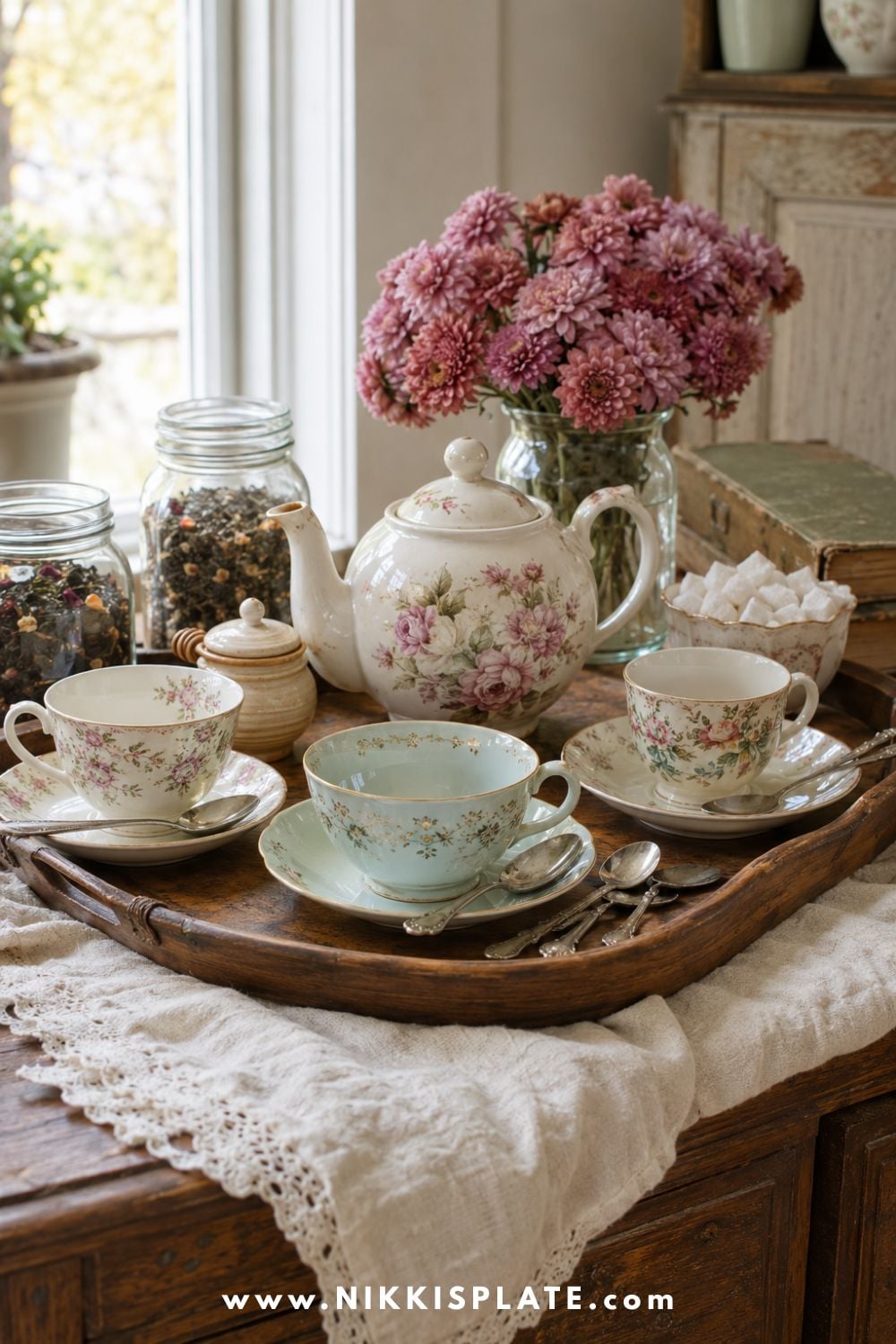 Floral teapot and mismatched vintage teacups arranged with honey, dried flowers and linen on an antique wood sideboard.