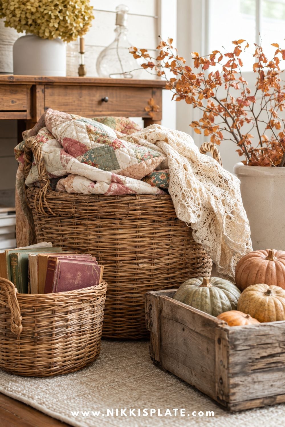 Vintage wicker baskets and wooden crates filled with quilts, books and muted pumpkins for cozy fall grandmacore decor.