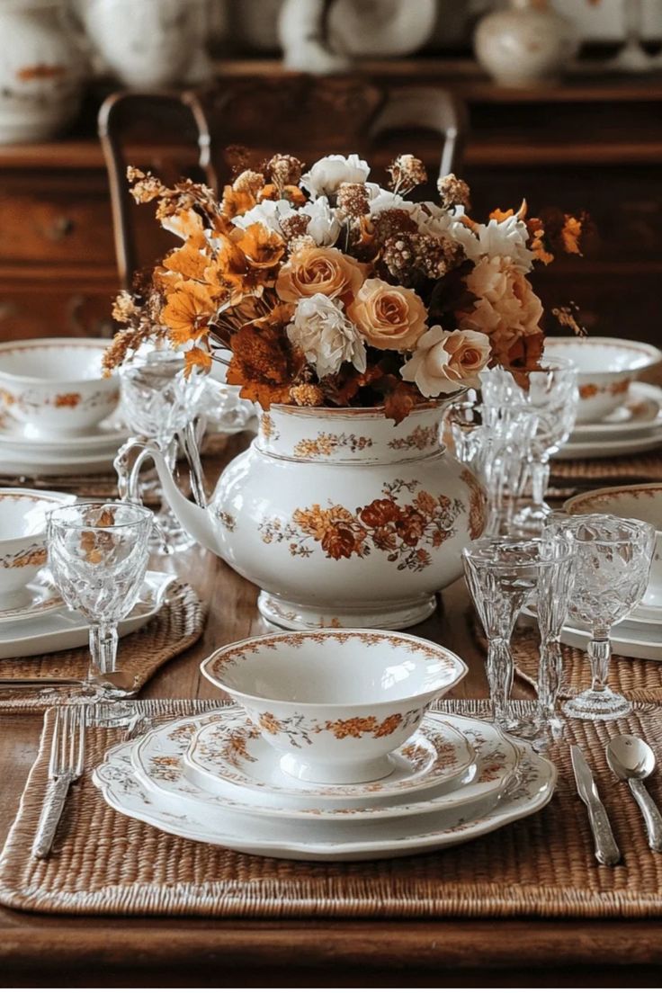Vintage china plates with autumn floral patterns displayed in a cozy fall grandmacore dining room.