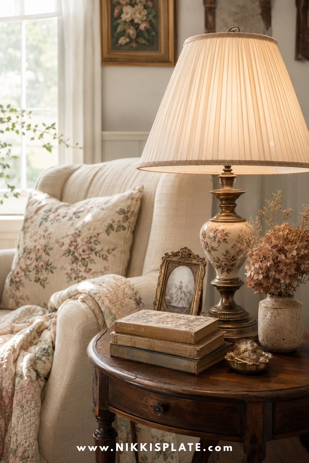 Vintage pleated table lamp glowing beside old books, dried flowers and a quilted armchair in a cozy grandmacore living room.