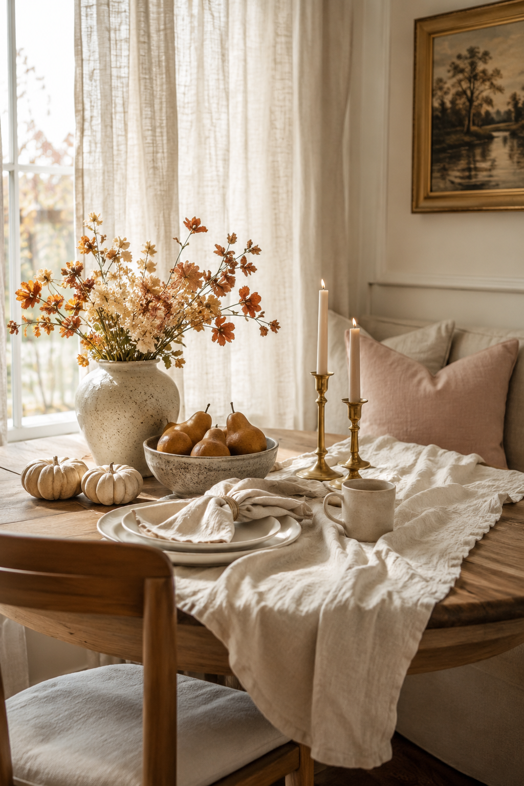 A cozy fall dining nook styled with washed linen textures, featuring a soft cream linen table runner draped across a warm wood table. A speckled ceramic vase filled with delicate autumn flowers, brass candlesticks, neutral pumpkins, pears in a bowl, and layered place settings create a relaxed and elegant fall tablescape with warm natural light and soft seasonal decor.