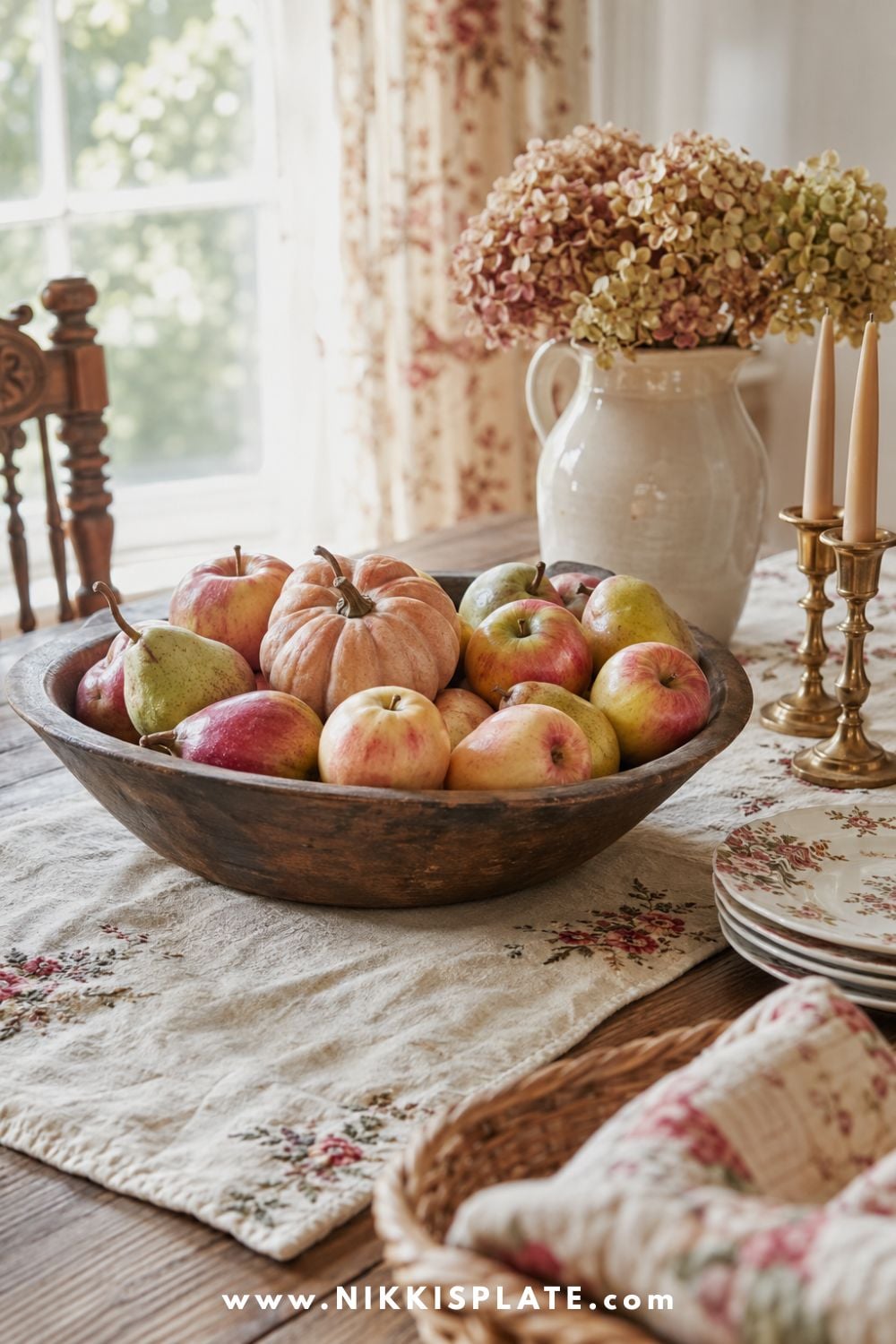 Antique wooden bowl filled with apples, pears and heirloom pumpkins on a linen runner in a cozy grandmacore dining room.