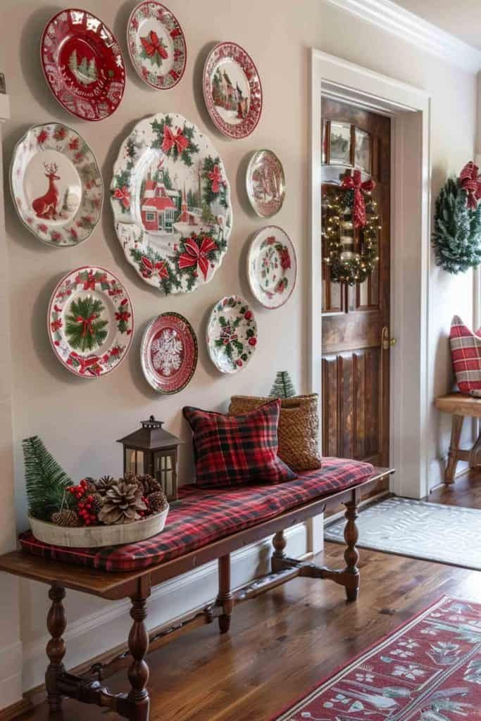 Christmas plate wall with red and white holiday plates arranged above a plaid-covered bench with festive pillows and greenery.