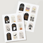 Two printable sheets of free Halloween gift tags with spooky and cute designs including ghosts, pumpkins, bats, and fun sayings like “Boo to You” and “Stay Spooky.”