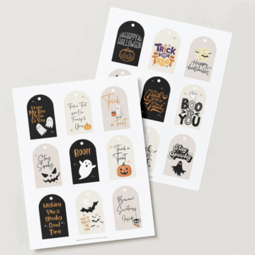 Two printable sheets of free Halloween gift tags with spooky and cute designs including ghosts, pumpkins, bats, and fun sayings like 