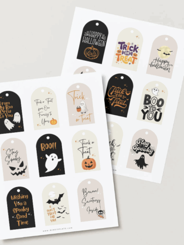 Two printable sheets of free Halloween gift tags with spooky and cute designs including ghosts, pumpkins, bats, and fun sayings like “Boo to You” and “Stay Spooky.”