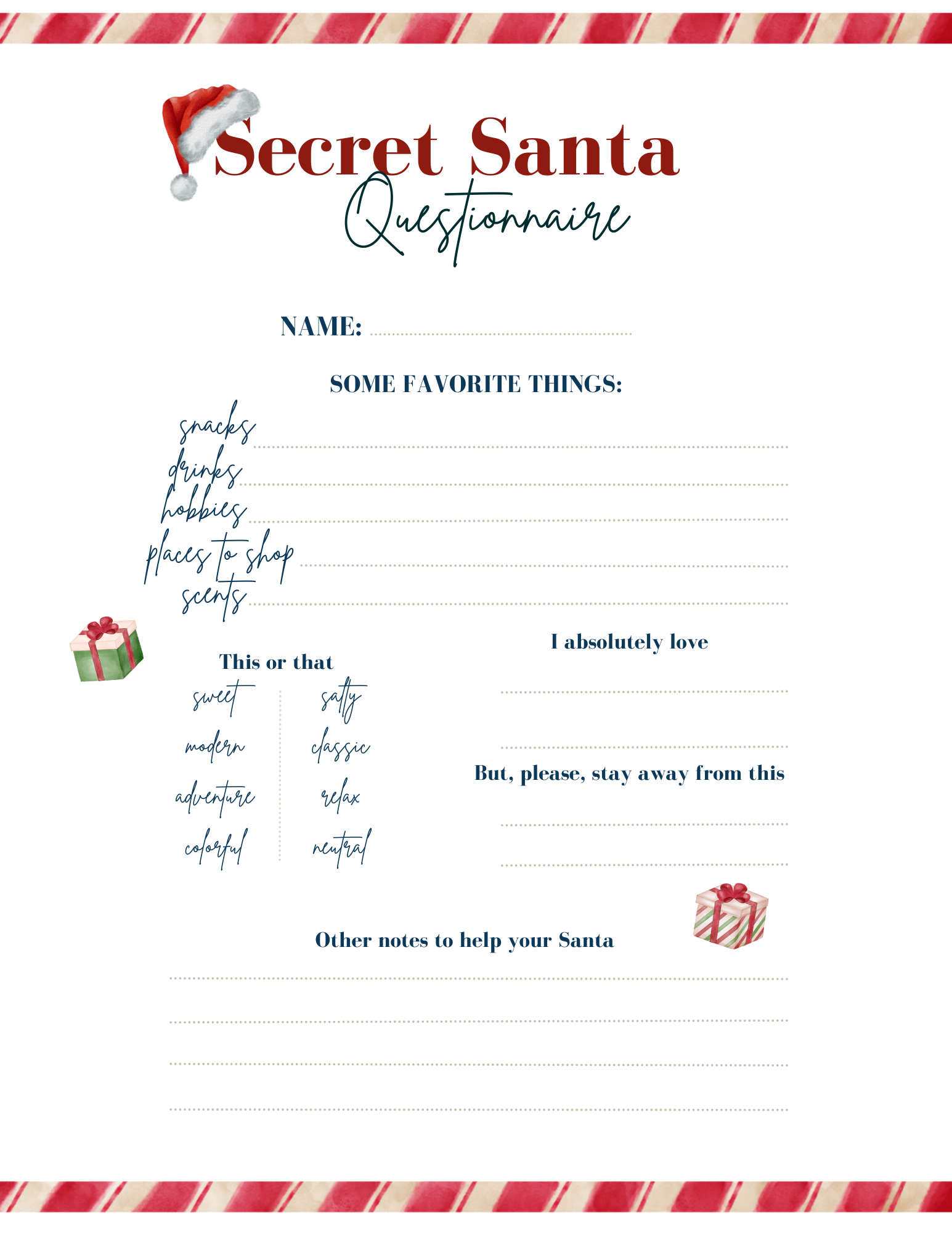 Secret Santa gift exchange questionnaire showing fun questions about favorite snacks, hobbies, and wish list ideas.