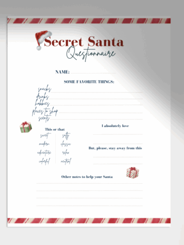 Free Secret Santa questionnaire printable template with festive holiday design for gift exchanges.
