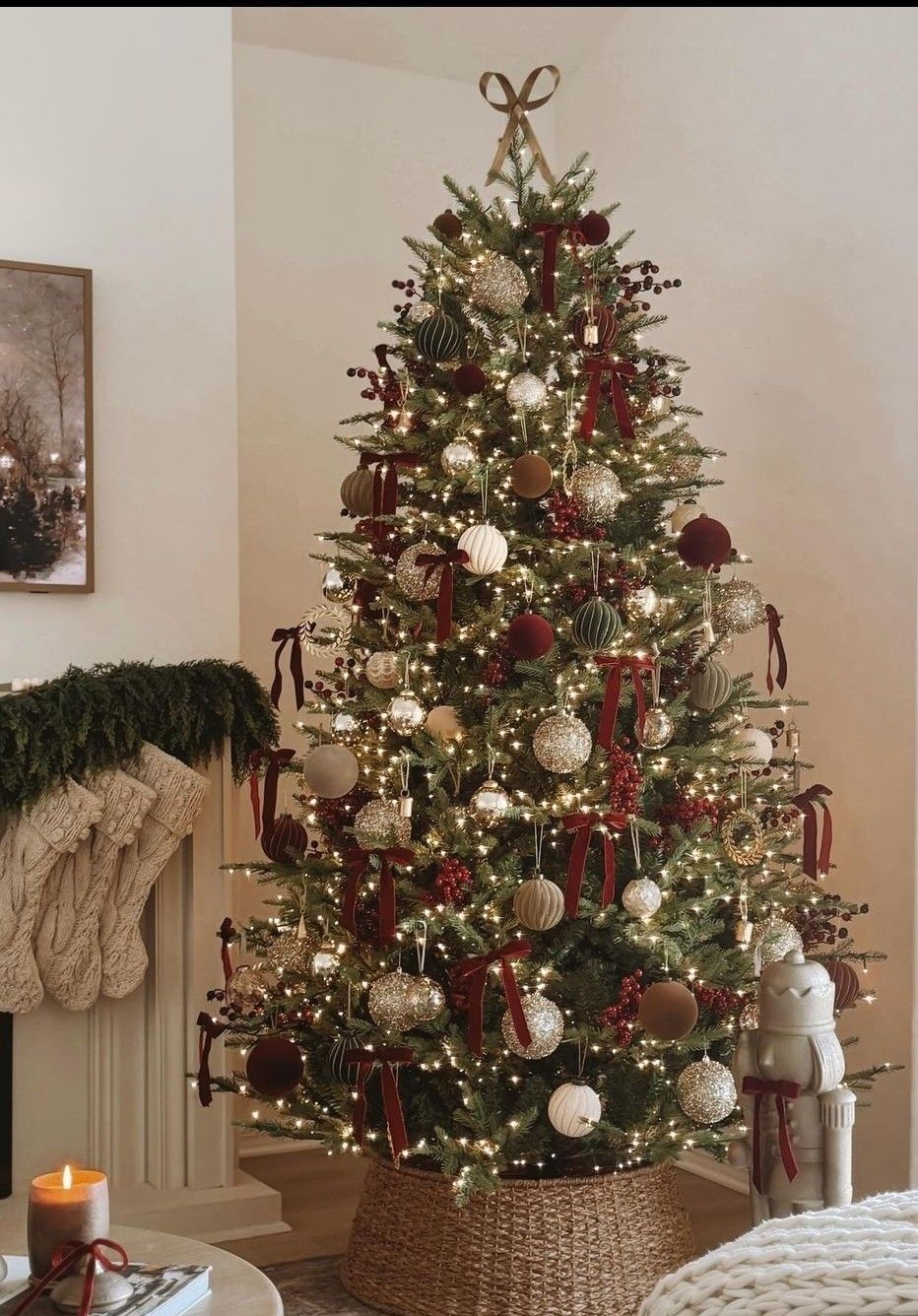 Christmas tree with a woven basket tree collar, red ribbon ornaments, and warm holiday lighting for a cozy farmhouse look.