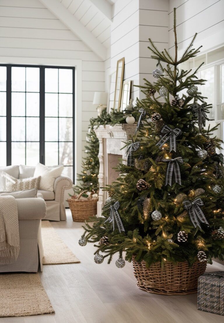 Farmhouse Christmas tree with a woven basket tree collar, plaid ribbon ornaments, pinecones, and warm holiday lights in a neutral living room.