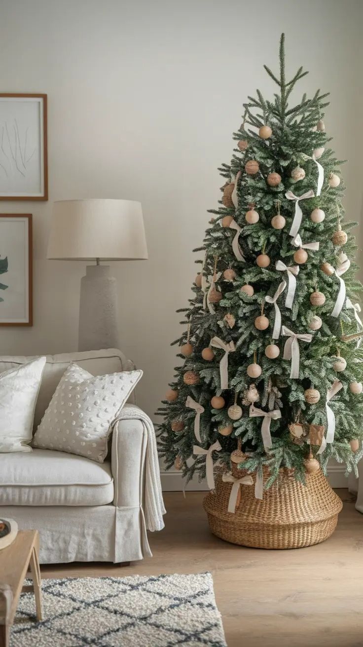 Christmas tree with a natural woven tree collar, wooden ornaments, and neutral ribbon accents for rustic farmhouse holiday decor.