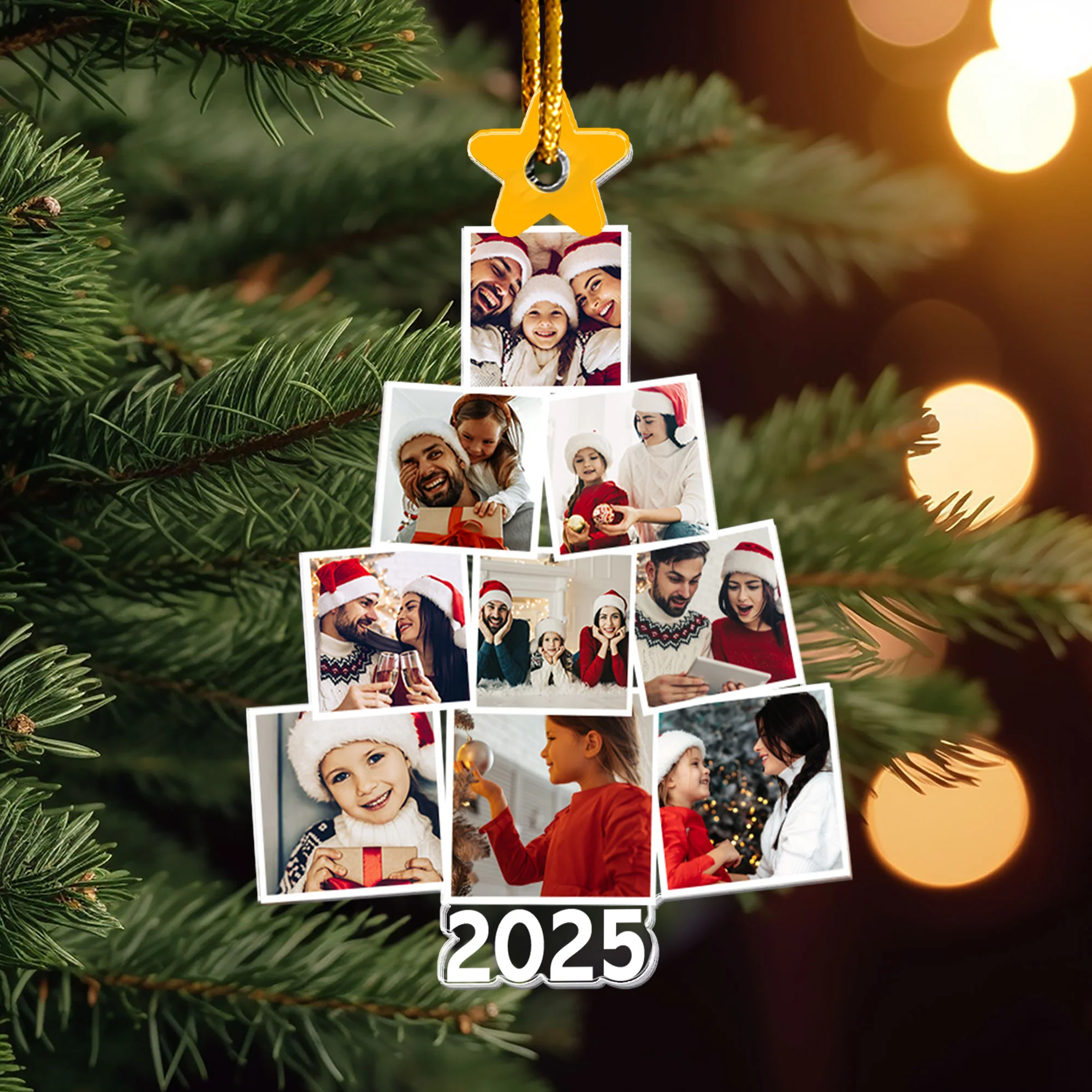 DIY Christmas collage photo ornament shaped like a Christmas tree, featuring multiple family photos in a stacked design with a gold star and '2025' label