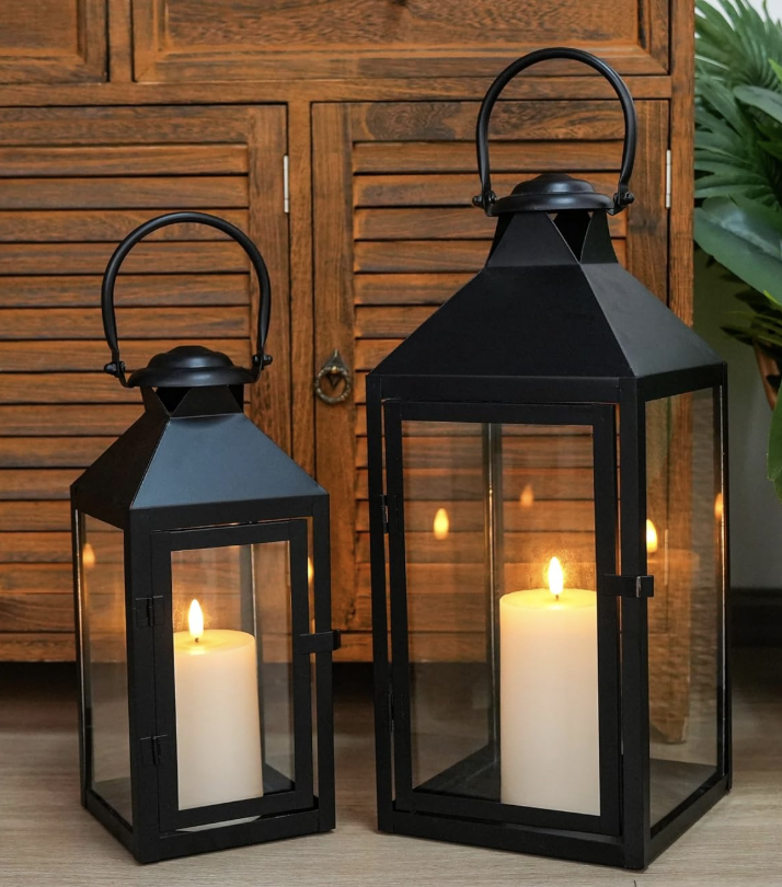 black farmhouse lantern set with LED candles rustic home decor gift idea 2025