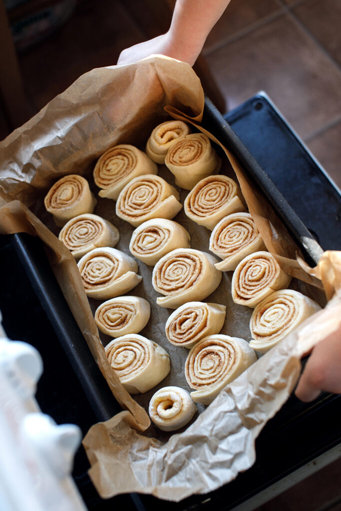 Unbaked cinnamon buns arranged neatly in a parchment-lined pan, ready for their second rise before baking.