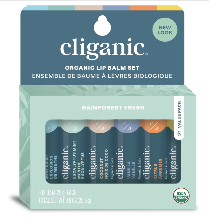 non-toxic organic lip balm set from Cliganic featuring assorted natural flavors in eco-friendly packaging