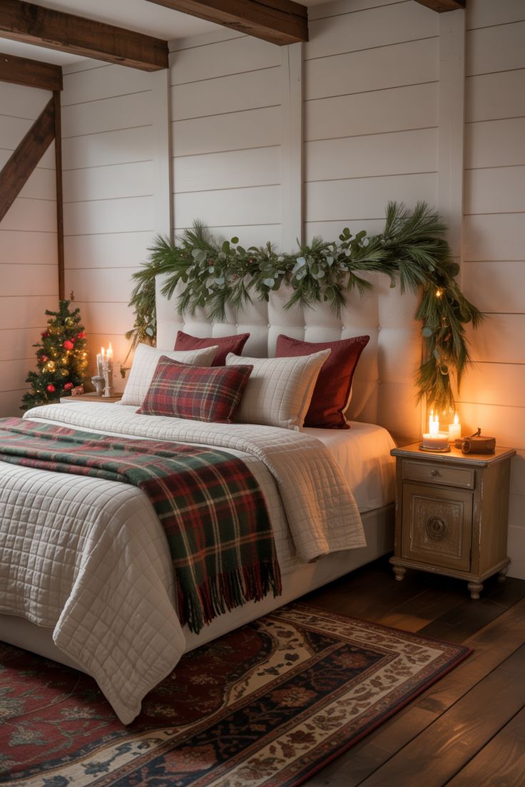 cozy farmhouse christmas bedroom with pine garland on headboard, plaid bedding, and candlelight decor