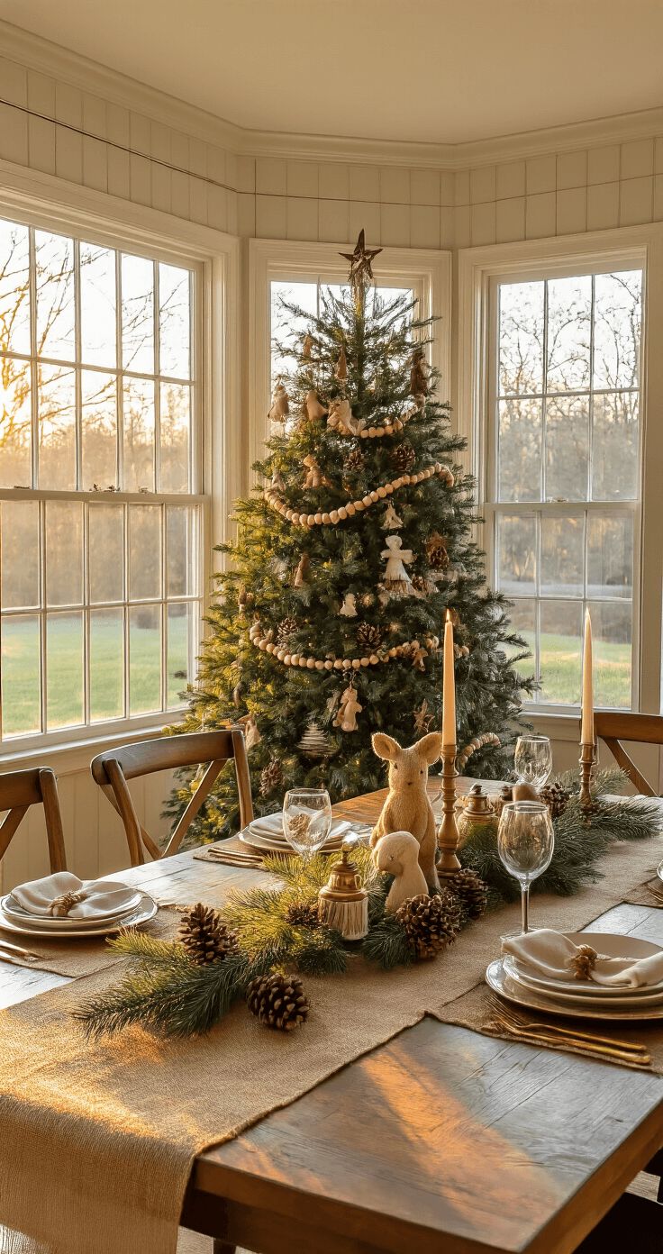 cozy farmhouse Christmas tree with wooden bead garland beside a rustic dining table decorated with pinecones, candles, and neutral holiday decor