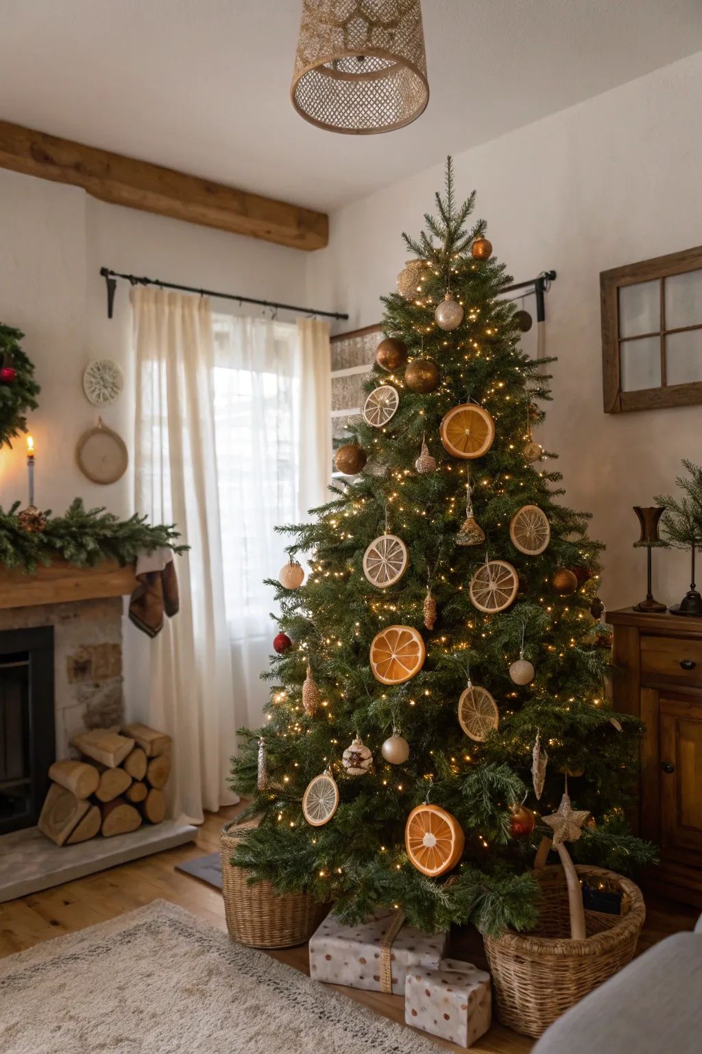 cozy farmhouse Christmas tree decorated with dried orange ornaments, wicker baskets, and twinkle lights in rustic living room with wooden beams and neutral holiday decor