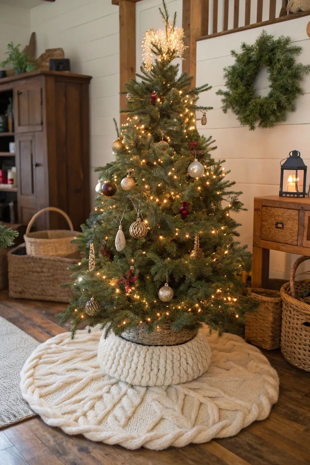cozy farmhouse Christmas tree with neutral ornaments, knit tree skirt, and woven base in rustic living room with shiplap walls