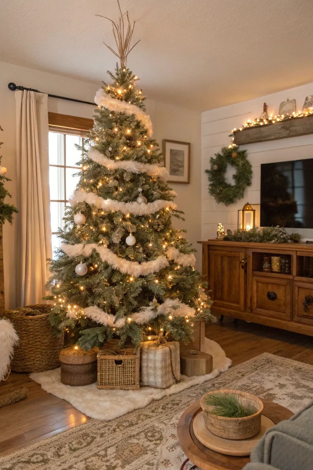 cozy farmhouse Christmas tree with white garland, warm lights, and simple ornaments in rustic living room with shiplap walls and wooden accents