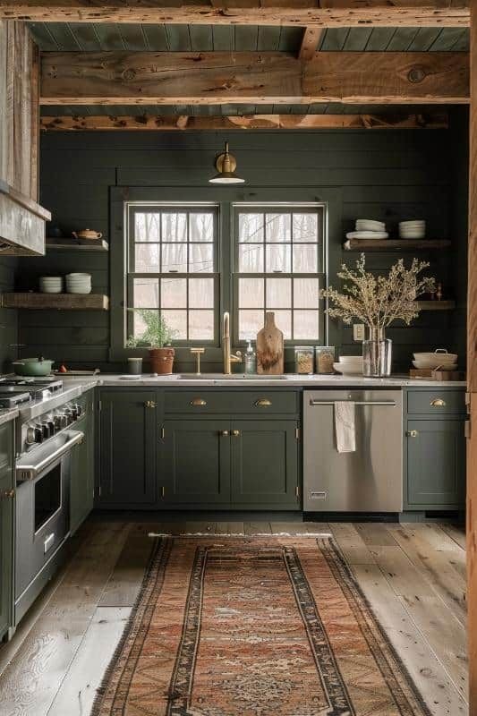 Cozy kitchen with dark green shiplap walls, rustic wood ceiling beams, brass hardware, floating shelves, and Persian runner rug.