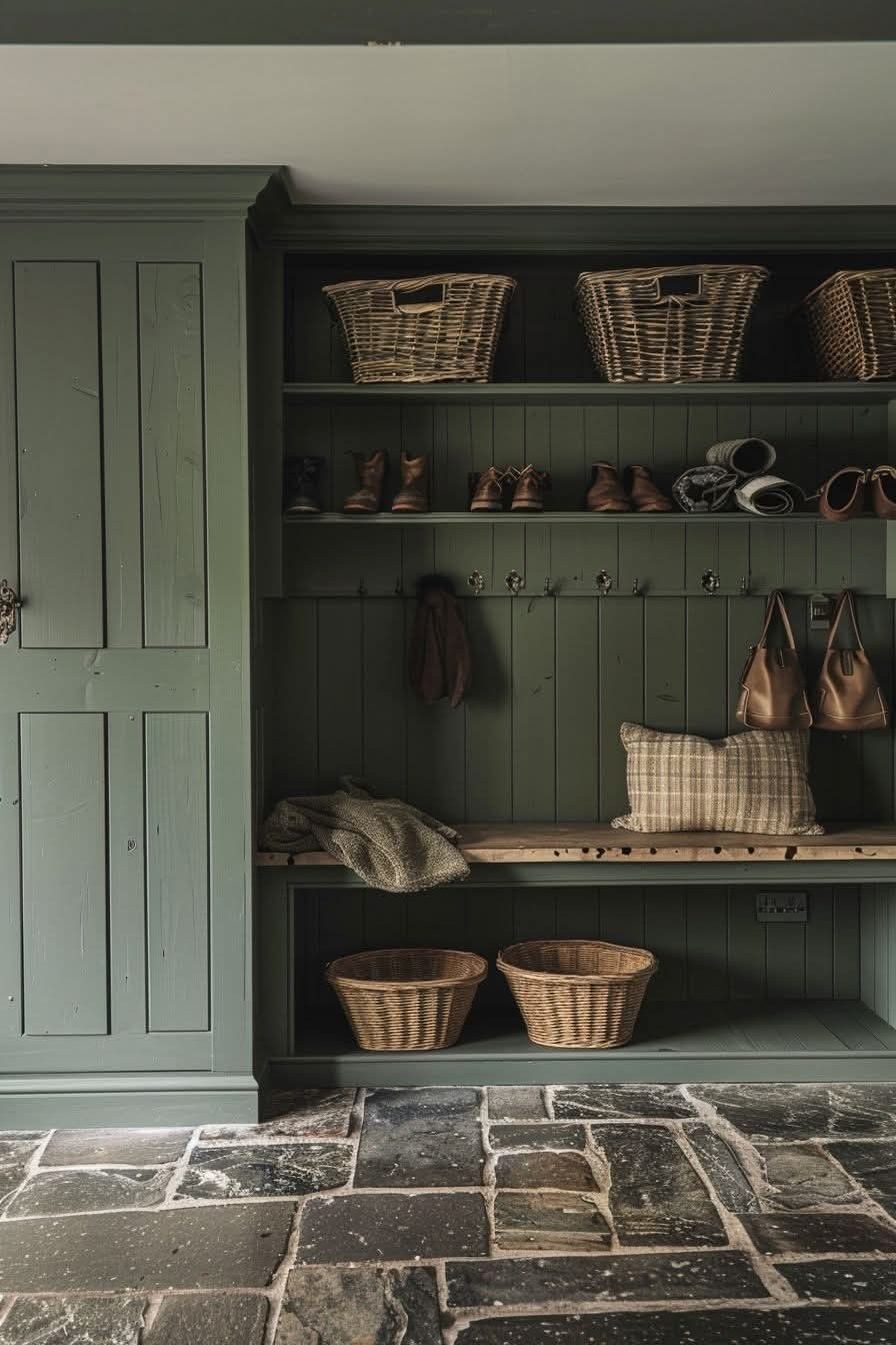 Mudroom with dark green vertical shiplap built-ins, stone flooring, woven baskets, bench seating, and coat hooks.