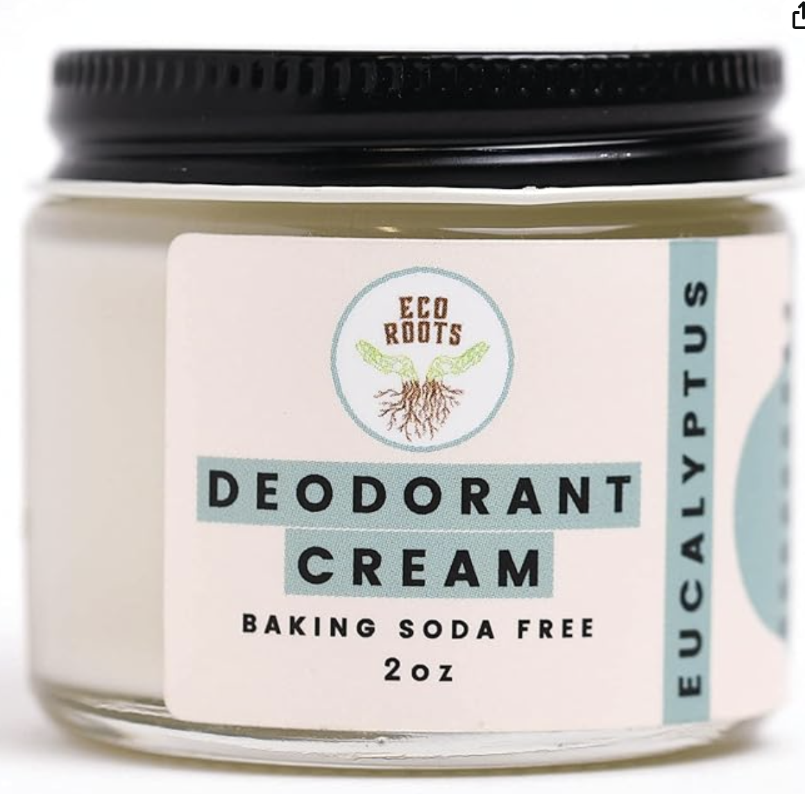 Eco Roots natural deodorant cream in glass jar labeled baking soda free and aluminum free non-toxic grooming gift for men