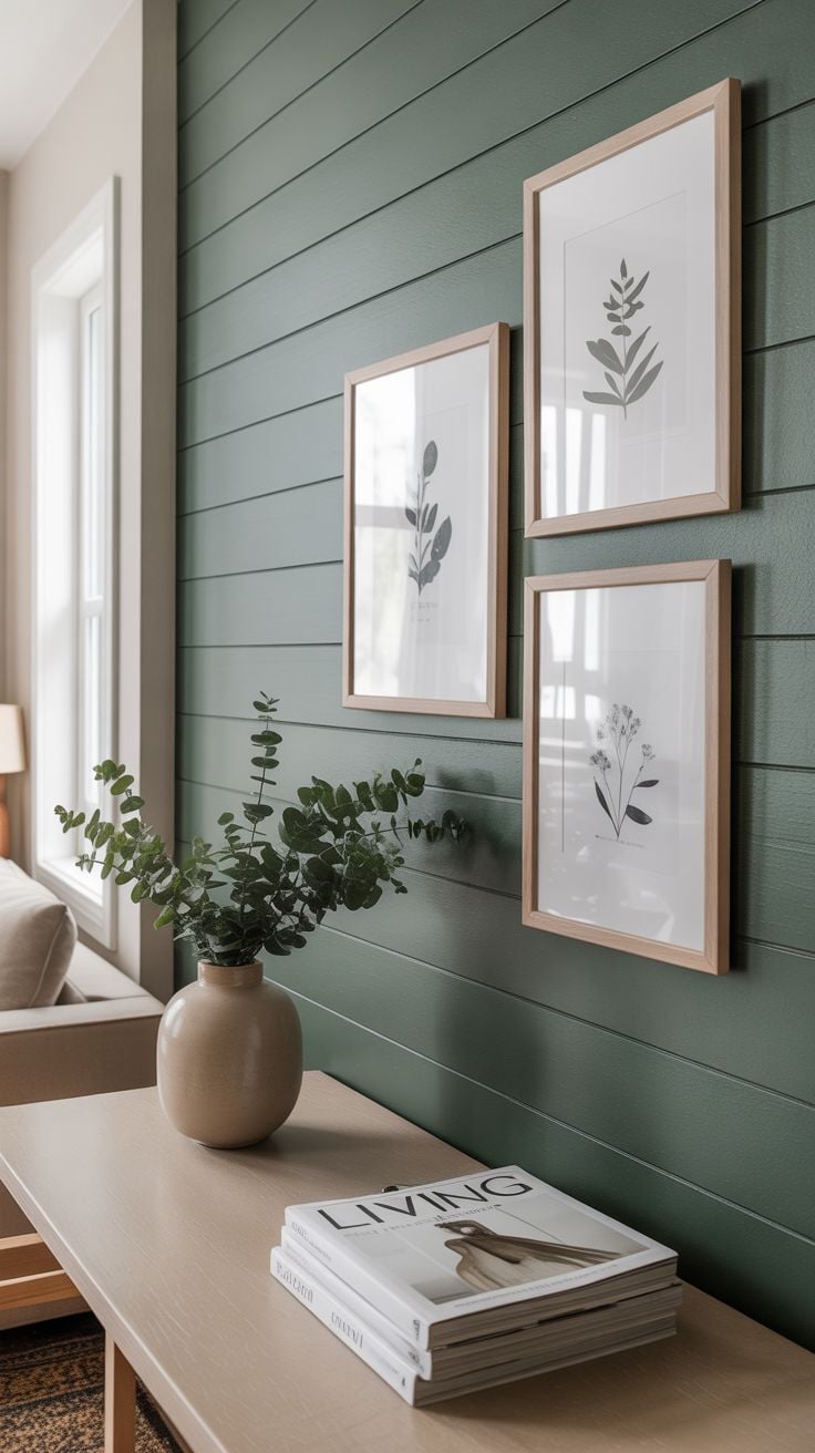 Living room accent wall with green horizontal shiplap, framed botanical artwork, light wood console table, and neutral decor.