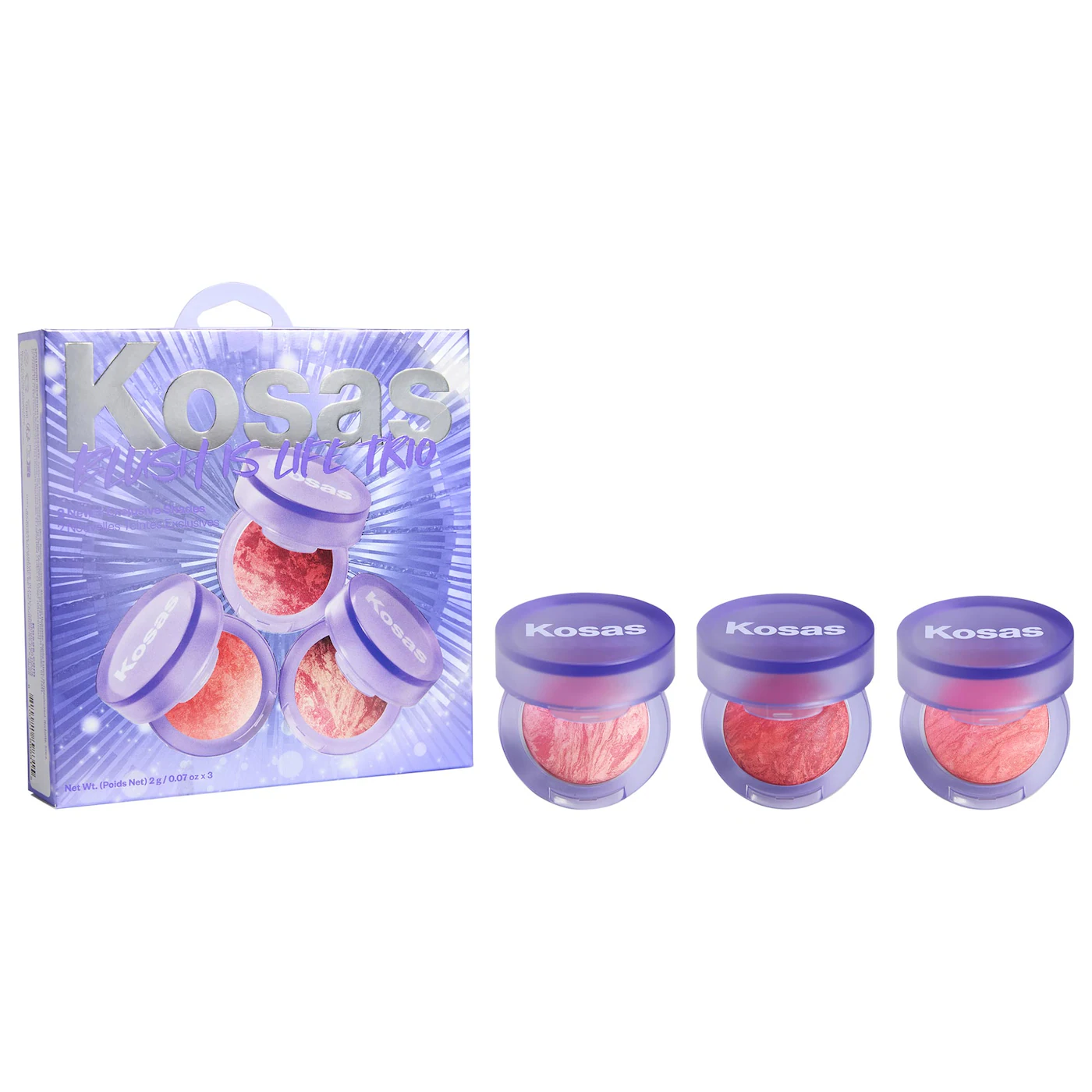 non-toxic clean beauty blush trio from Kosas featuring three mini baked blushes in purple packaging