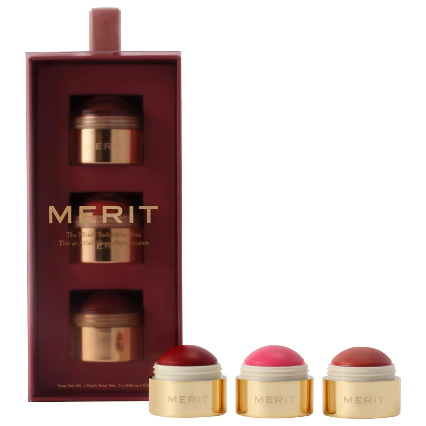 MERIT clean beauty mini flush balm trio featuring three non-toxic cream blushes in gold packaging