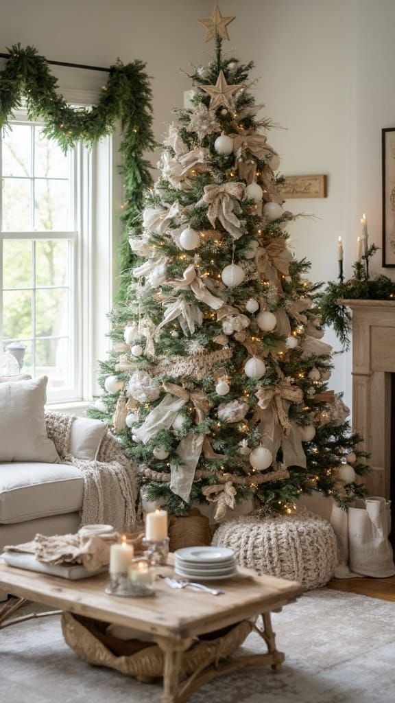 neutral farmhouse Christmas tree with burlap bows, white ornaments, and warm lights in cozy living room with rustic holiday decor
