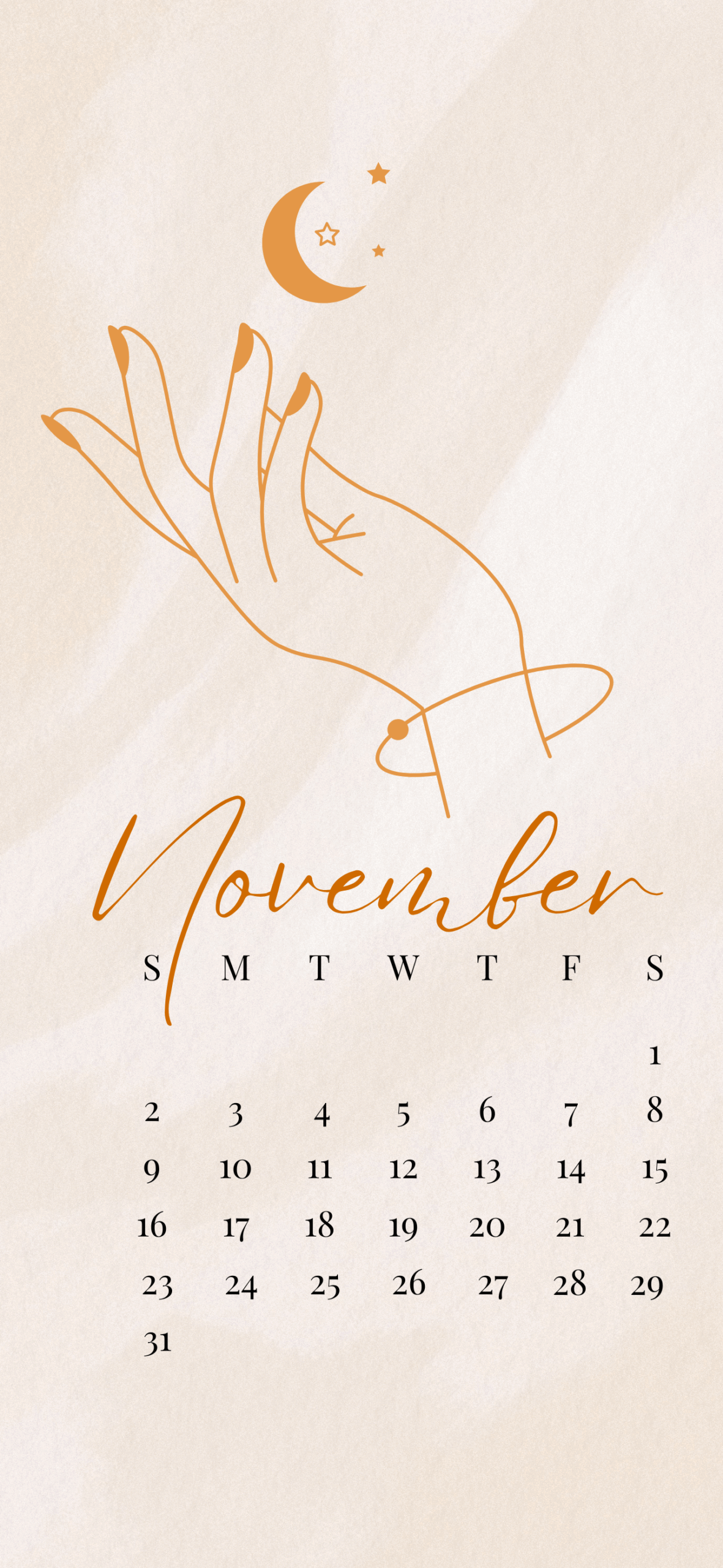 Minimal November 2025 iPhone calendar wallpaper with abstract hand illustration reaching toward crescent moon and stars.