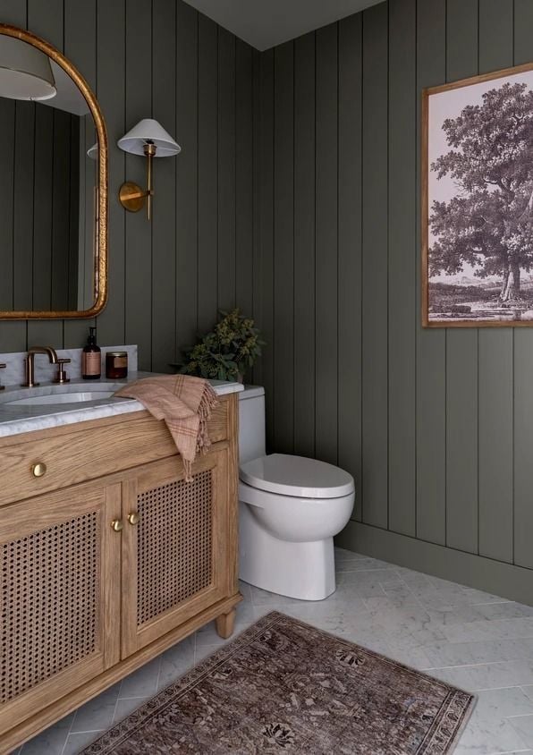 Olive green shiplap bathroom with rattan vanity, marble countertop, brass mirror, and vintage rug.