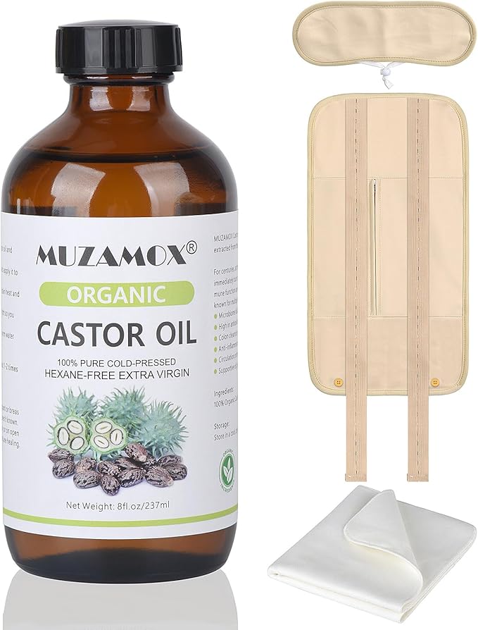 organic castor oil pack set with glass bottle, flannel wrap, and eye mask from MUZAMOX for natural non-toxic self care