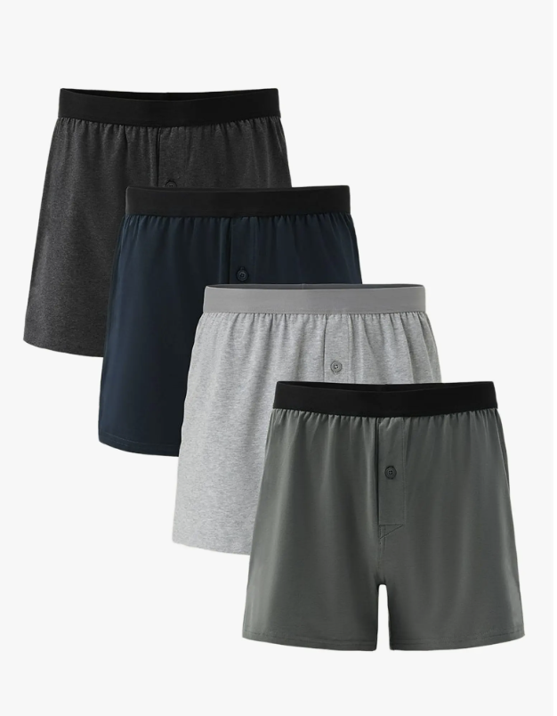 four pairs of men's organic cotton knit boxers in neutral colors non-toxic sustainable underwear set