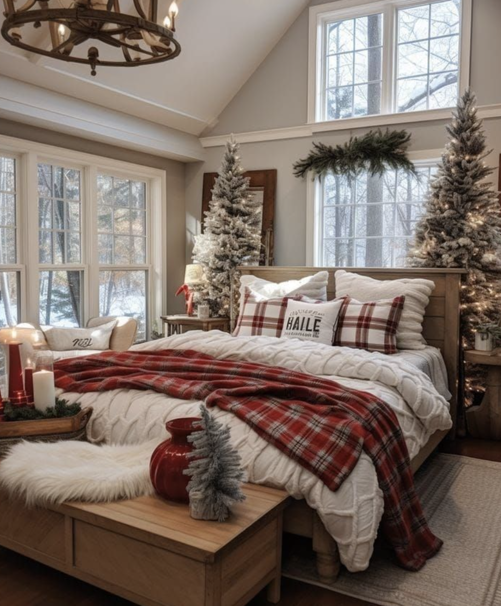 red and white farmhouse christmas bedroom with plaid bedding, snowy trees, and cozy holiday decor