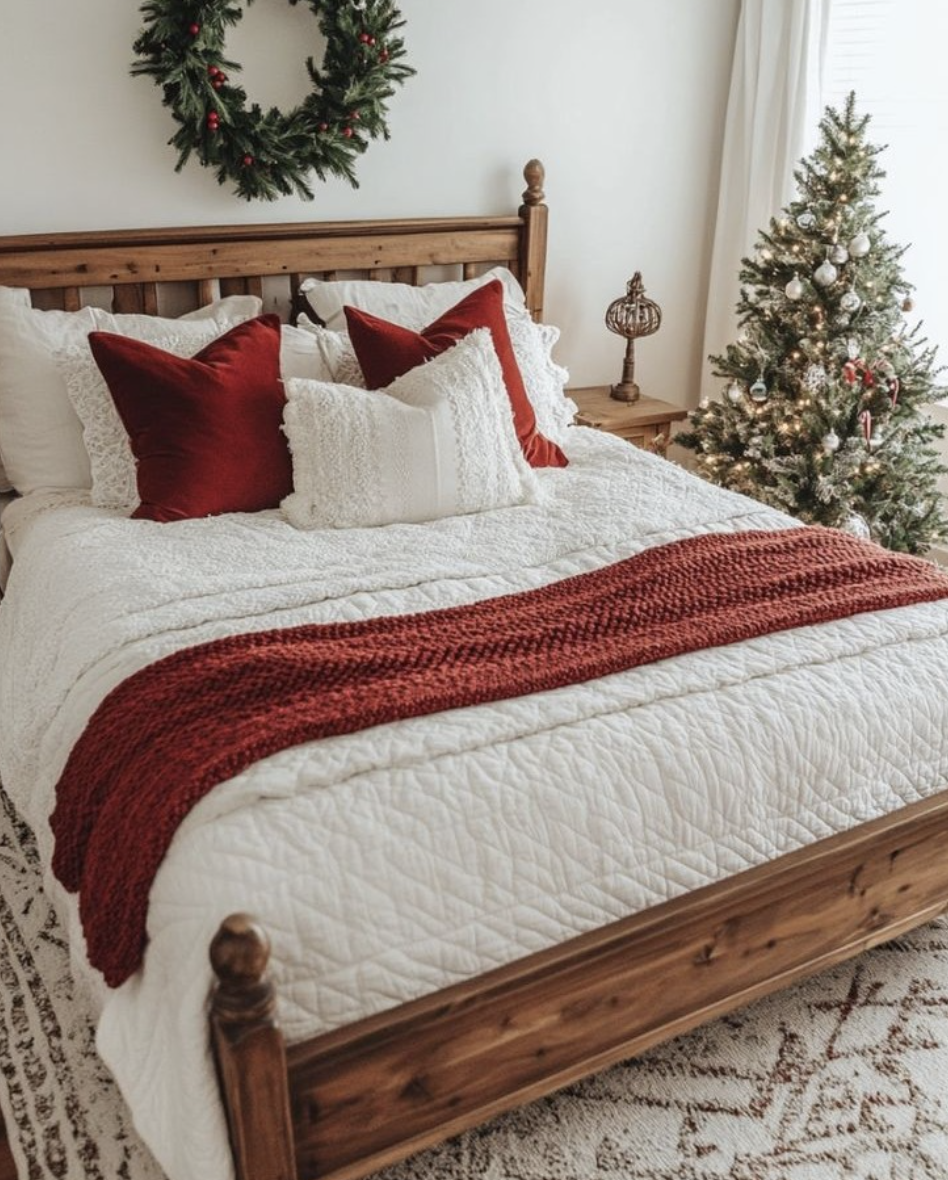 red and white farmhouse christmas bedroom with wood bed frame, red throw blanket, and christmas wreath above bed
