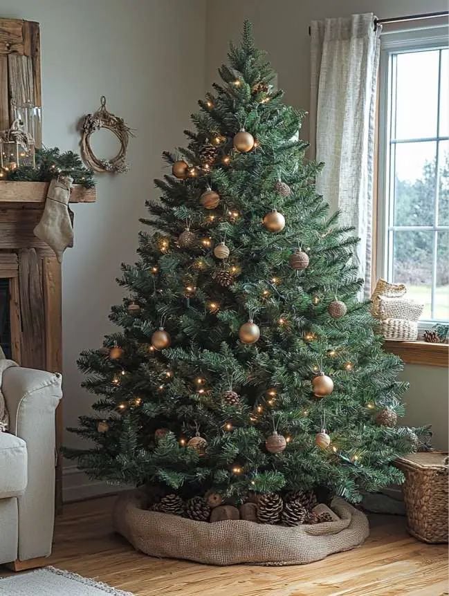 rustic farmhouse Christmas tree decorated with pinecones, burlap base, and warm lights in cozy country living room