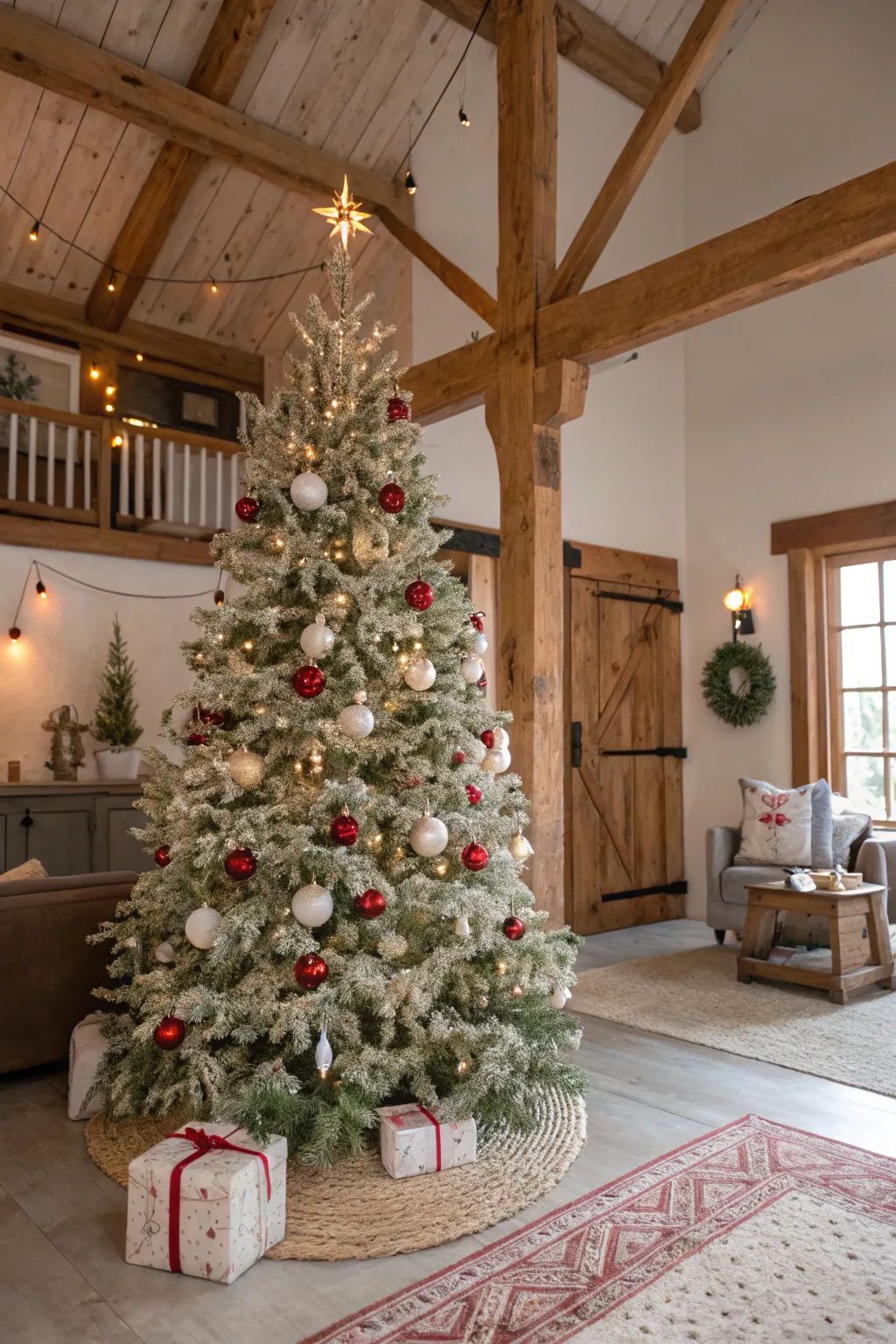 rustic farmhouse Christmas tree with red and white ornaments in cozy barn-style living room with exposed beams and warm holiday lighting