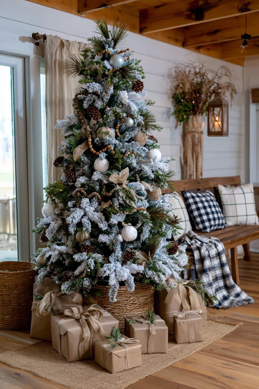 rustic farmhouse flocked Christmas tree with wood bead garland, pinecones, and neutral bows surrounded by kraft-wrapped gifts in cozy country living room