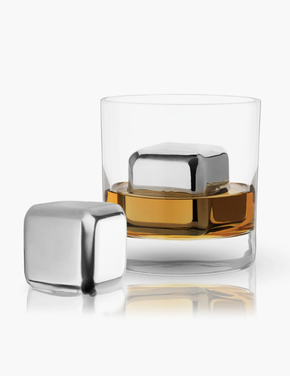 set of stainless steel reusable ice cubes chilling whiskey in a glass non-toxic eco-friendly gift for men