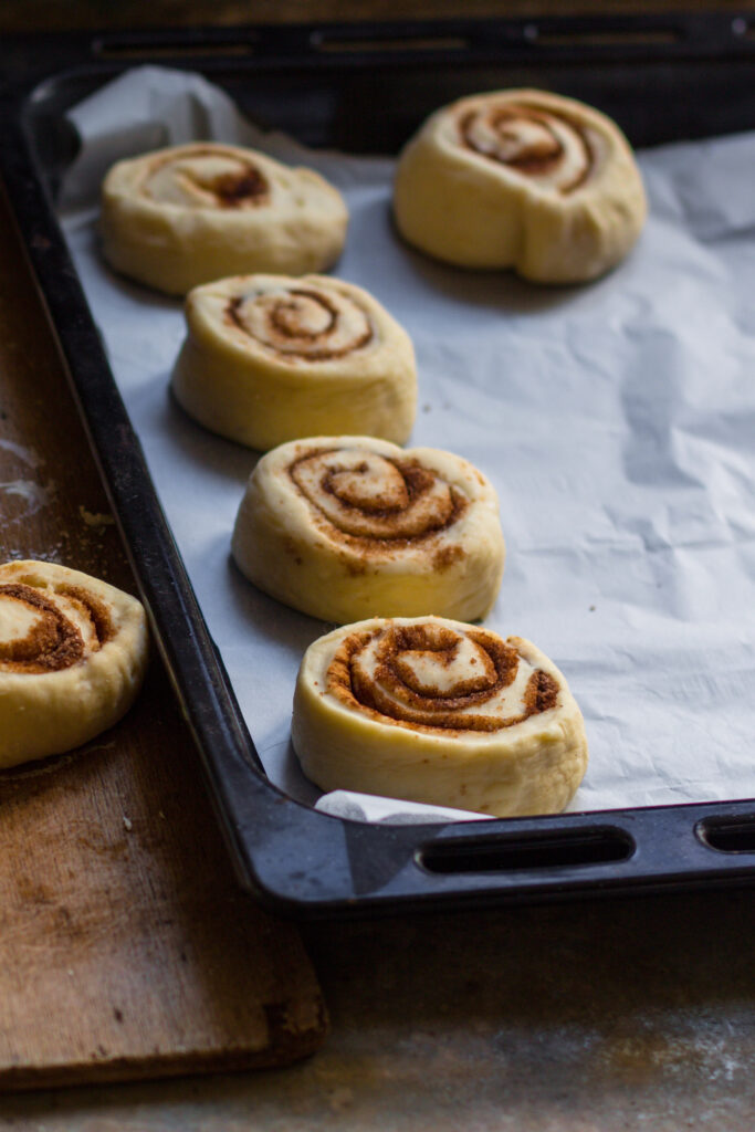 Unbaked cinnamon roll dough rounds placed on a baking sheet, ready to rise and bake into soft, fluffy buns.